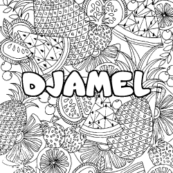Coloriage pr&eacute;nom DJAMEL - d&eacute;cor Mandala fruits