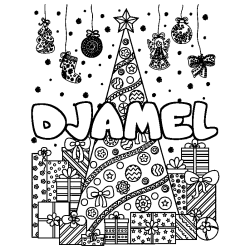 Coloriage pr&eacute;nom DJAMEL - d&eacute;cor Sapin et Cadeaux