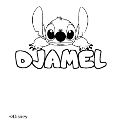 Coloriage pr&eacute;nom DJAMEL - d&eacute;cor Stitch