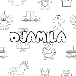 Coloriage prénom DJAMILA - décor Jouets