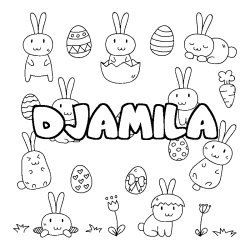 Coloriage pr&eacute;nom DJAMILA - d&eacute;cor Paques