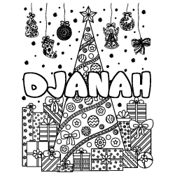 Coloriage pr&eacute;nom DJANAH - d&eacute;cor Sapin et Cadeaux