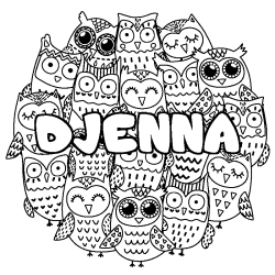Coloriage prénom DJENNA - décor Chouettes
