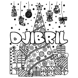 Coloriage prénom DJIBRIL - décor Sapin et Cadeaux