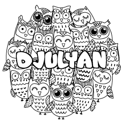 Coloriage pr&eacute;nom DJULYAN - d&eacute;cor Chouettes