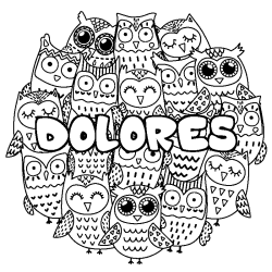 Coloriage pr&eacute;nom DOLORES - d&eacute;cor Chouettes