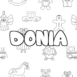 Coloriage pr&eacute;nom DONIA - d&eacute;cor Jouets