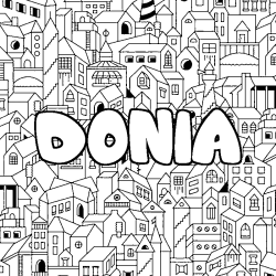 Coloriage pr&eacute;nom DONIA - d&eacute;cor Ville