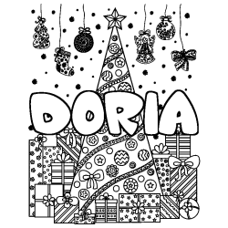Coloriage pr&eacute;nom DORIA - d&eacute;cor Sapin et Cadeaux