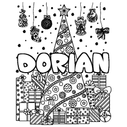 Coloriage prénom DORIAN - décor Sapin et Cadeaux