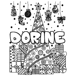 Coloriage pr&eacute;nom DORINE - d&eacute;cor Sapin et Cadeaux