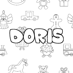 Coloriage pr&eacute;nom DORIS - d&eacute;cor Jouets