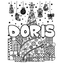 Coloriage prénom DORIS - décor Sapin et Cadeaux