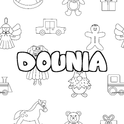 Coloriage prénom DOUNIA - décor Jouets