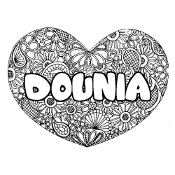 Coloriage prénom DOUNIA - décor Mandala coeur