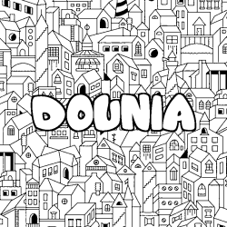 Coloriage prénom DOUNIA - décor Ville