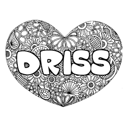 Coloriage pr&eacute;nom DRISS - d&eacute;cor Mandala coeur