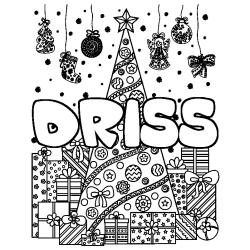 Coloriage prénom DRISS - décor Sapin et Cadeaux