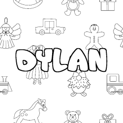 Coloriage prénom DYLAN - décor Jouets
