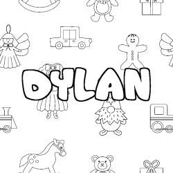 Coloriage pr&eacute;nom DYLAN - d&eacute;cor Jouets