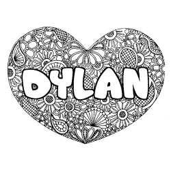 Coloriage pr&eacute;nom DYLAN - d&eacute;cor Mandala coeur