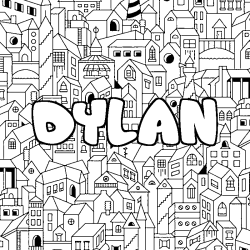 Coloriage pr&eacute;nom DYLAN - d&eacute;cor Ville