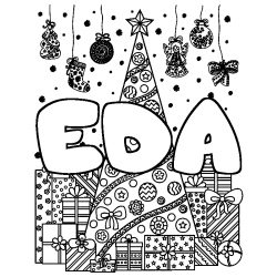 Coloriage prénom EDA - décor Sapin et Cadeaux