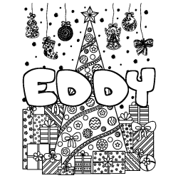 Coloriage prénom EDDY - décor Sapin et Cadeaux