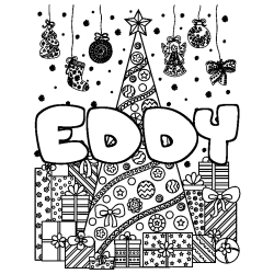 Coloriage pr&eacute;nom EDDY - d&eacute;cor Sapin et Cadeaux