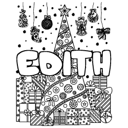 Coloriage prénom EDITH - décor Sapin et Cadeaux