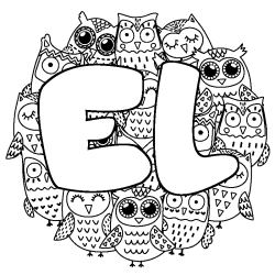 Coloriage pr&eacute;nom EL - d&eacute;cor Chouettes