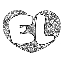Coloriage pr&eacute;nom EL - d&eacute;cor Mandala coeur