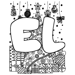Coloriage pr&eacute;nom EL - d&eacute;cor Sapin et Cadeaux