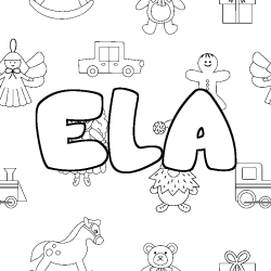 Coloriage pr&eacute;nom ELA - d&eacute;cor Jouets