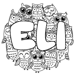 Coloriage pr&eacute;nom ELI - d&eacute;cor Chouettes