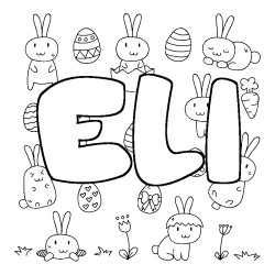 Coloriage pr&eacute;nom ELI - d&eacute;cor Paques