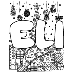 Coloriage pr&eacute;nom ELI - d&eacute;cor Sapin et Cadeaux
