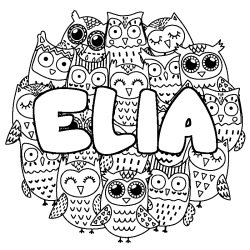 Coloriage pr&eacute;nom ELIA - d&eacute;cor Chouettes