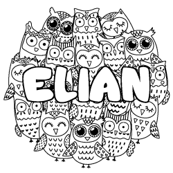 Coloriage pr&eacute;nom ELIAN - d&eacute;cor Chouettes