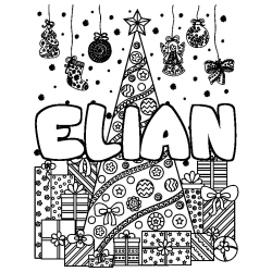 Coloriage prénom ELIAN - décor Sapin et Cadeaux