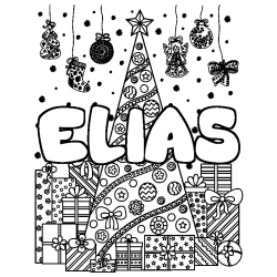 Coloriage prénom ELIAS - décor Sapin et Cadeaux