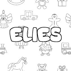 Coloriage pr&eacute;nom ELIES - d&eacute;cor Jouets