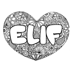 Coloriage pr&eacute;nom ELIF - d&eacute;cor Mandala coeur