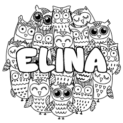 Coloriage prénom ELINA - décor Chouettes