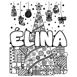 Coloriage prénom ÉLINA - décor Sapin et Cadeaux