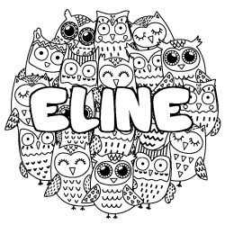 Coloriage pr&eacute;nom ELINE - d&eacute;cor Chouettes