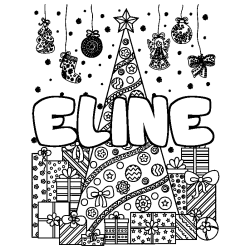 Coloriage prénom ELINE - décor Sapin et Cadeaux