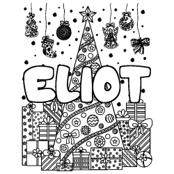 Coloriage prénom ELIOT - décor Sapin et Cadeaux