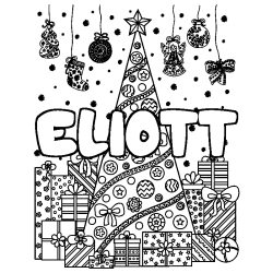 Coloriage prénom ELIOTT - décor Sapin et Cadeaux