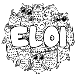 Coloriage pr&eacute;nom ELOI - d&eacute;cor Chouettes